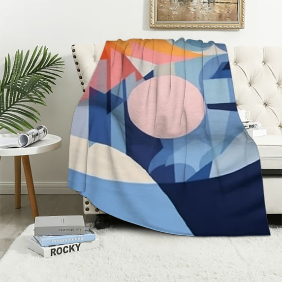 WERPE Boho Mid Century Throws Blankets Blue Modern Abstract Throw Blanket Minimalist Sun Mountain Geometric Aesthetic Soft Warm Bed Bedding Women Blankets for Couch Bedroom Office White