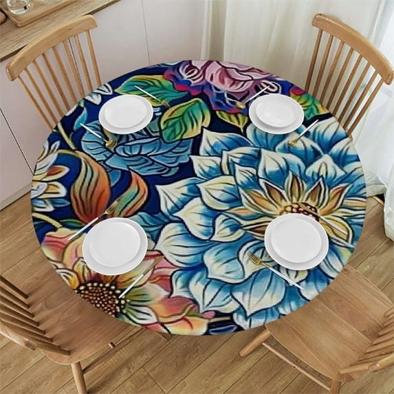 WERPE Boho Vintage Mandala Flowers Round Tablecloth Waterproof Resistant Fabric White
