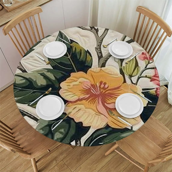 WERPE Butterflies Full White Round Tablecloth, Full Width Single-Sided Printing, 100% Polyester Fiber, Elastic Band Closure, Suitable for 36in-70in Round Tables White