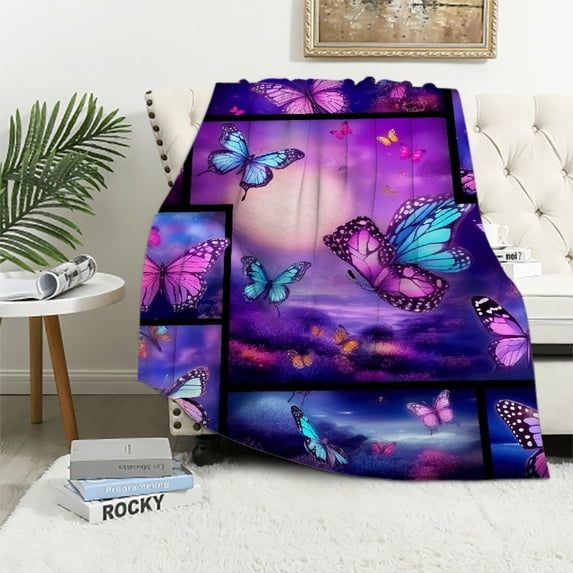 WERPE Butterfly Blanket, Butterfly Gifts for Women Girls Kids, Butterfly Gifts for Butterfly Lovers, Purple Fantasy Butterfly Memorial Gifts, Soft Cozy for Couch Throw Blanket White