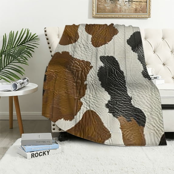 WERPE Cow Print Flannel Blanket for Adults, Cowhide Soft Plush Bed Blanket White