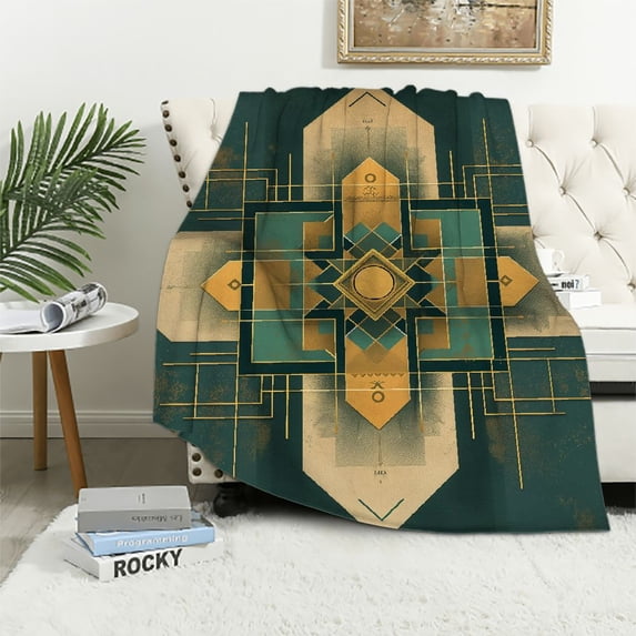 WERPE Durable and Long-lasting Gold and Blue Abstract Art Flannel Bed Blanket White