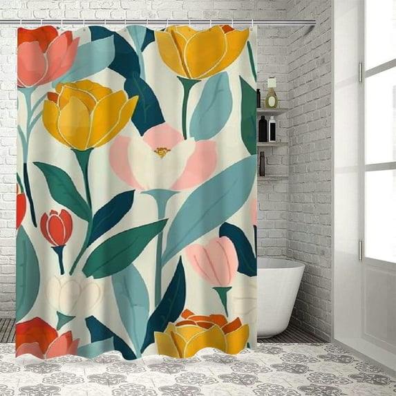 WERPE Durable and Washable Waterproof Shower Curtain, Tulip Art Print, Flower Market, Botanical Floral, Multiple Sizes White