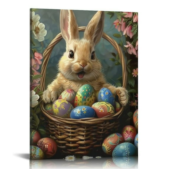 WERPE Easter Bunny Holding A Basket of Easter Eggs Canvas Wall Art Easter Eggs Poster Modern Decorative Painting Picture for Living Room Bedroom Decor