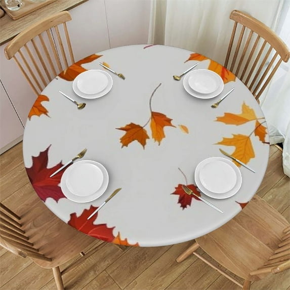 WERPE Fallen Leaves Fall Maple Leaf Print Round Tablecloth with Elastic Edge White