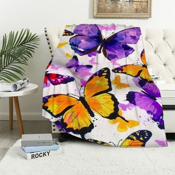 WERPE Flannel Material Blanket Colorful Butterfly Soft Cozy White