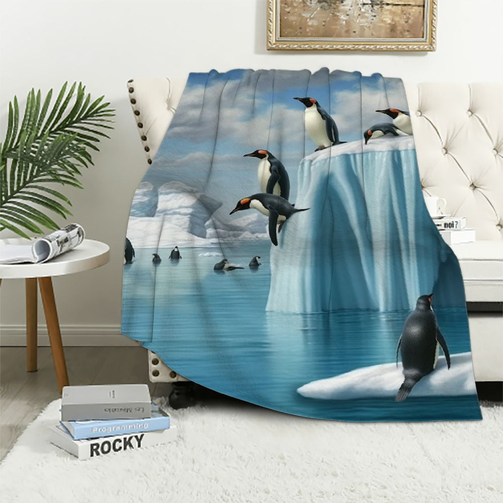 WERPE Flannel Throw Blanket Penguins On The Iceberg Print Blanket ...