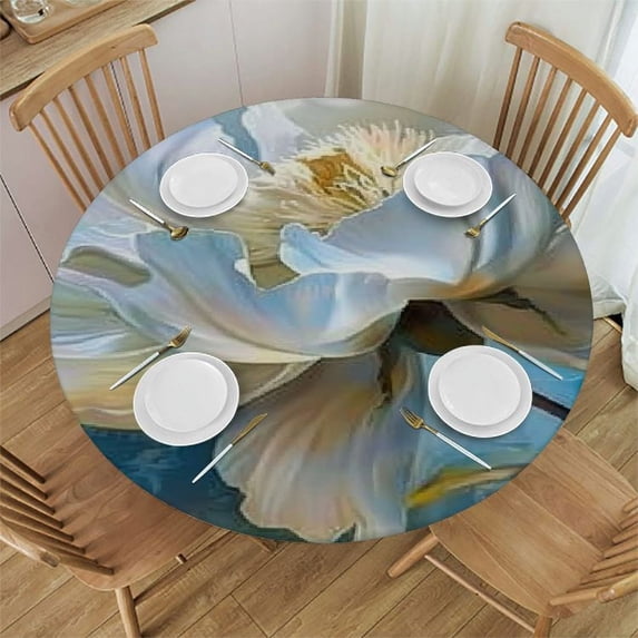 WERPE Flower Picture Print White Floral Round Tablecloth Full Width Single-Sided Printing White