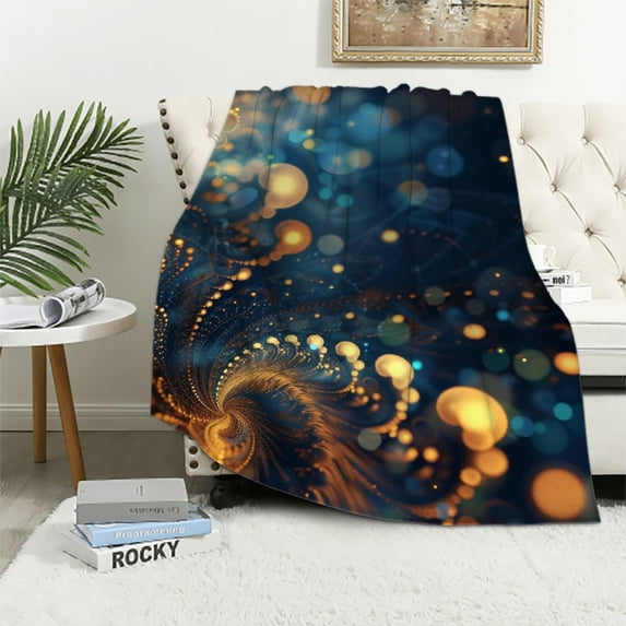 WERPE Gold and Blue Abstract Art Flannel Blanket Excellent Hand Feel White