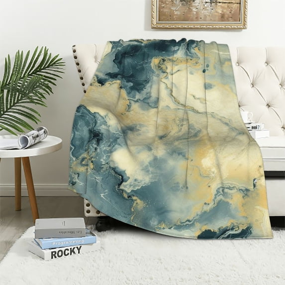 WERPE Gold and Blue Abstract Art Soft Plush Blankets White