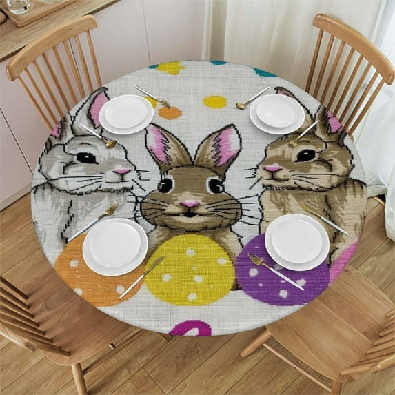 WERPE Happy Easter Peeps Decor Easter Bunny Washable for Home Kitchen Outdoor Decoration Round Tablecloth White