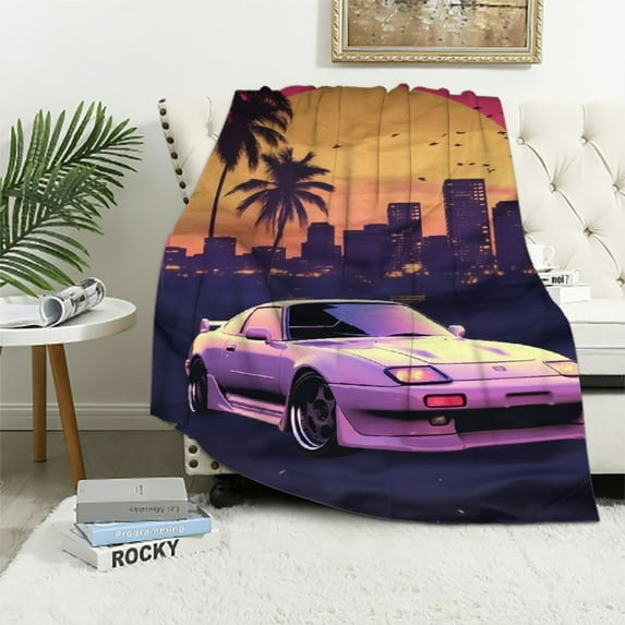 WERPE JDM Car Blanket Vaporwave Supra Anime Throw Blanket Lightweight Soft Cozy Flannel Sofa Bed White