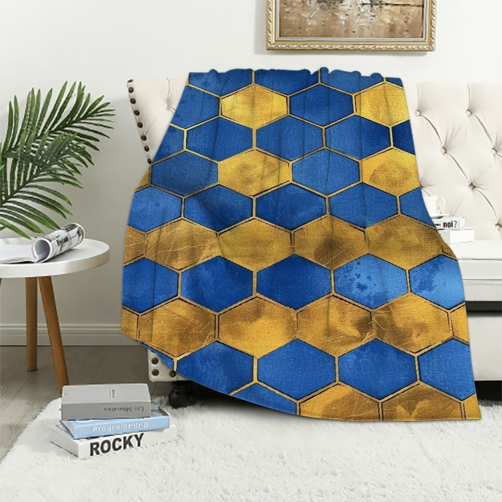 WERPE Lightweight Flannel Bed Blanket Gold and Blue Abstract Art White