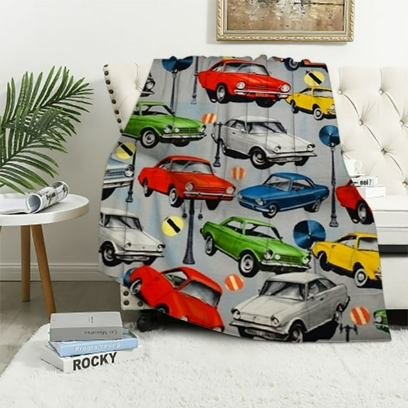 WERPE Muscle Car Blanket for Boys Girls Classic Car Throw Blanket Birthday Gifts Cozy Cars Blankets for Kids Teens Adults Soft Blanket Easter Gifts Flannel Car Blanket for Couch Bed Sofa White