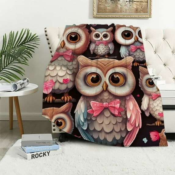 WERPE Owl Throw Blanket - Small Blanket for Kids, Girls & Boys - Soft Plush Blankets for Bed, Couch, Sofa - Brown Cute Fuzzy Throws Gifts White
