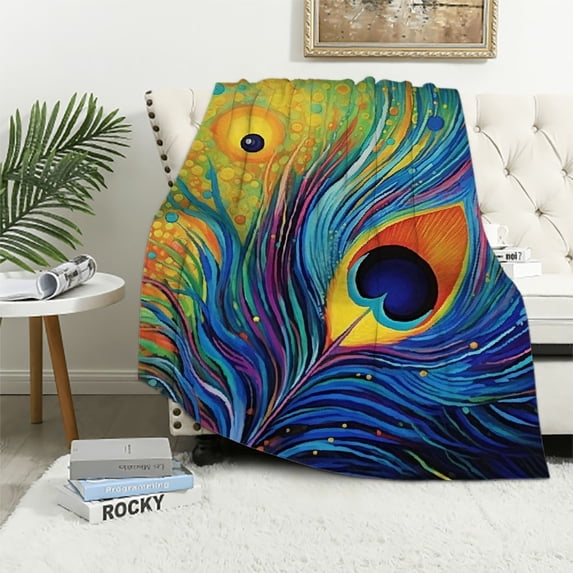 WERPE Peacock Feathers Blanket Gifts for Women Girls - Vintage Bird Throw Soft Lightweight Cozy Fuzzy Blankets Colorful Animal Themed Art Birthday Christmas Bedroom Living Room Couch Decor White