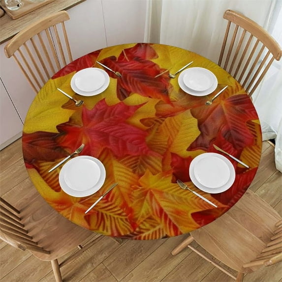 WERPE Picnic Dining Kitchen Farmhouse Round Tablecloth Bright Maple Red and Orange Autumn White