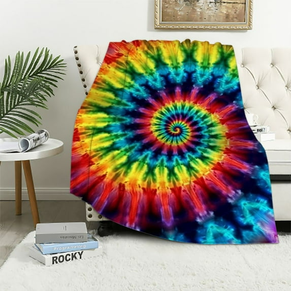 WERPE Rainbow Tie Dye Blankets and Throws Spiral Psychedelic Pattern Boho Rainbow Blanket Lightweight Blanket White