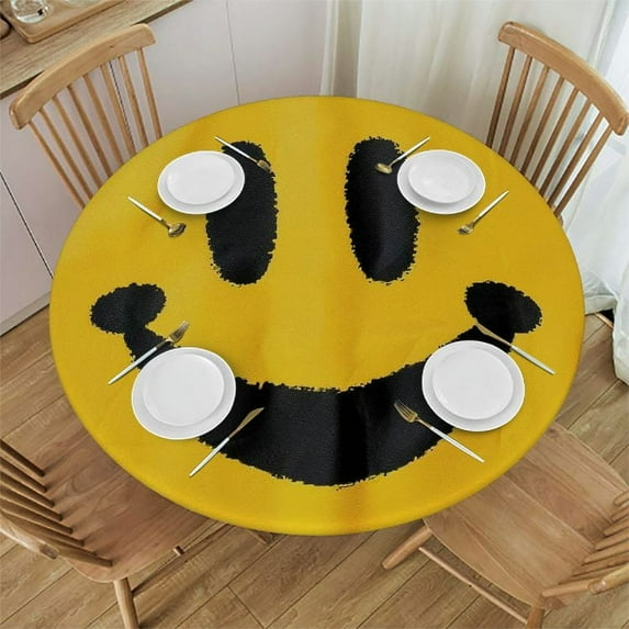 RUIYC Retro Checkered Pattern Smile Face Round Tablecloth Full Width Single-Sided Printing White