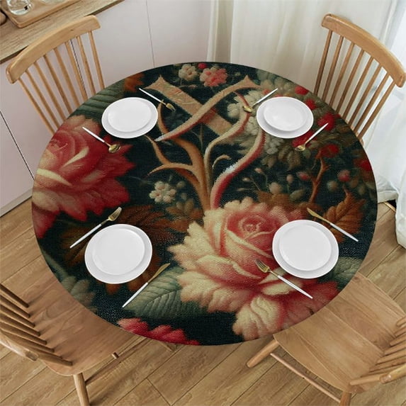 WERPE Round Tablecloth with Elastic Edge Rose Branch Cross Print White