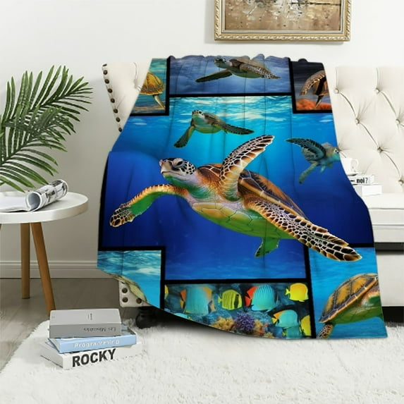 WERPE Sea Turtle Blanket Ultra-Soft Micro Lightweight Cozy Warm Throw Blanket for Couch Bedroom Living Room Kids Teens Adults White