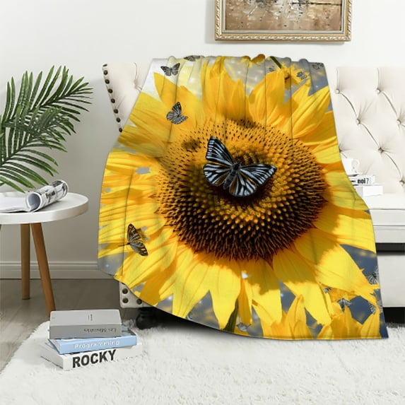 WERPE Sunflower Throw Blanket Super Soft Warm Flannel Blanket Sunflower Gifts Blanket Applicable All Season for Bed Couch Living Room White