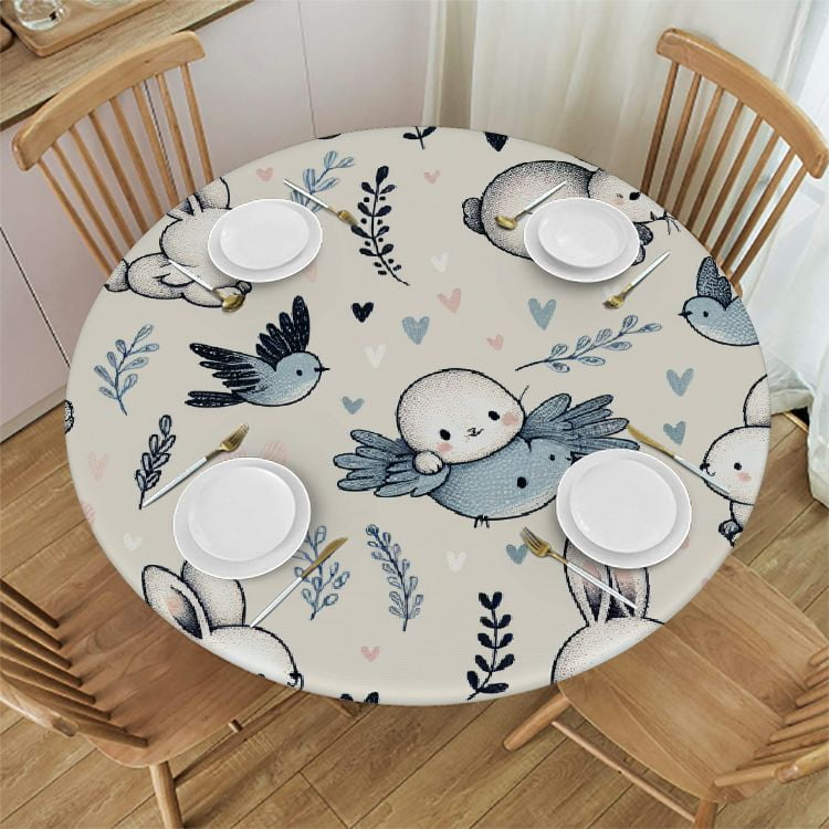 WERPE Tablecloths Bunny Easter, Cute Bunny Bird with Heart, Round