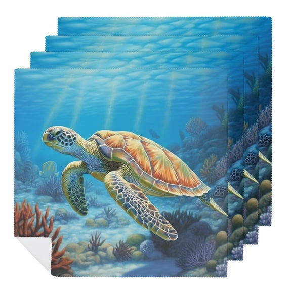 WERPE Turtle, Corals, Seaweeds Cloth Napkins - Reusable Machine Washable Fabric for Events, Farmhouse Party, Dining Table Decor 4 PCS
