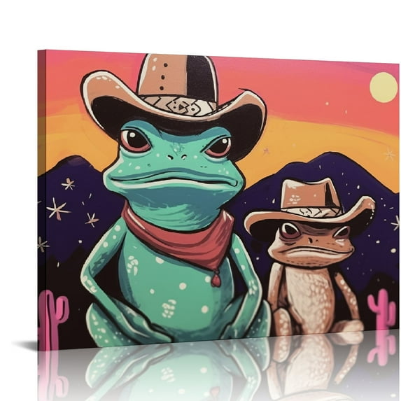 Nawypu Vintage Fashion Cowboy Frog Canvas Wall Art Room Aesthetic Decor Western Funny Colorful Toads and Frogs Wearing Cowboy Hats and Cactus Art Poster Pictures Modern Wall Decor Cute Animal