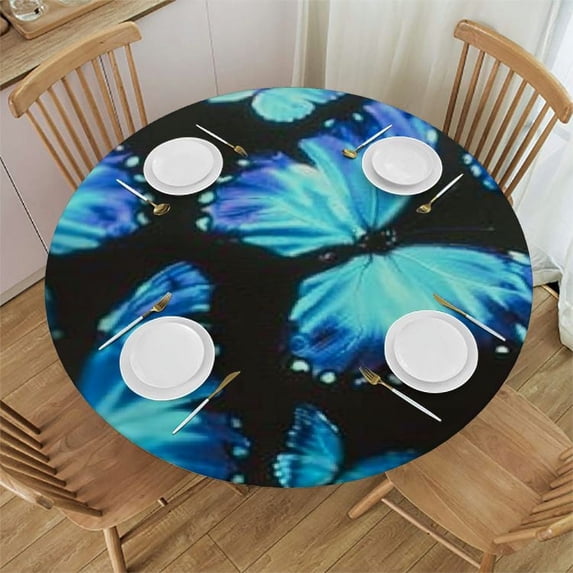 WERPE Washable for Home Kitchen Outdoor Decoration Beautiful Blue Butterfly Round Tablecloth White