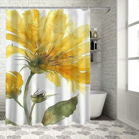 WERPE Watercolor Abstract Flower Wild Sunflower White and Yellow Waterproof Shower Curtain Set White