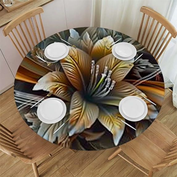 WERPE Yellow Orchid Flowers Abstract Yellow Lily Floral Pictures with Elastic Edge Round Tablecloth White
