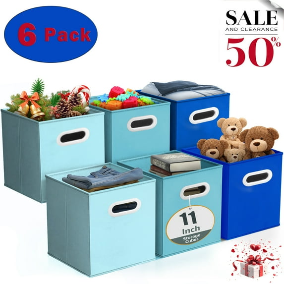 WERSEON 11 Inch Fabric Collapsible Storage Cubes, Set of 6 Foldable Storage Bins with Dual Handles, Cube Baskets for Organizing Clothes, Toys, Books, Blue