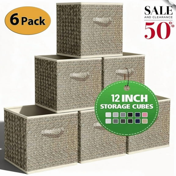 WERSEON 12 inch Foldable Cube Storage Bins Set of 6, Closet Organizers Bins and Storage Box for Toy Clothes-Brown