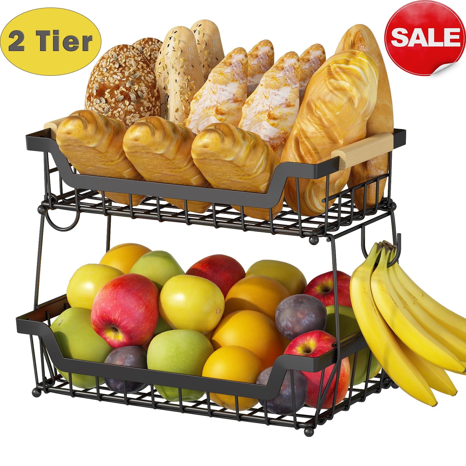 WERSEON 2 Tier Fruit Basket for Kitchen Countertop, Detachable Metal Vegetable Storage Basket with Wooden Handle & Hooks