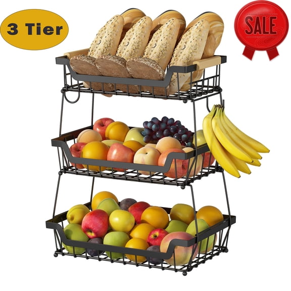 WERSEON 3 Tier Countertop Fruit Basket, Fruit Bowls with 2 Hangers, Detachable Metal Organizer Basket for Bread Vegetable Fruits with Wooden Handle