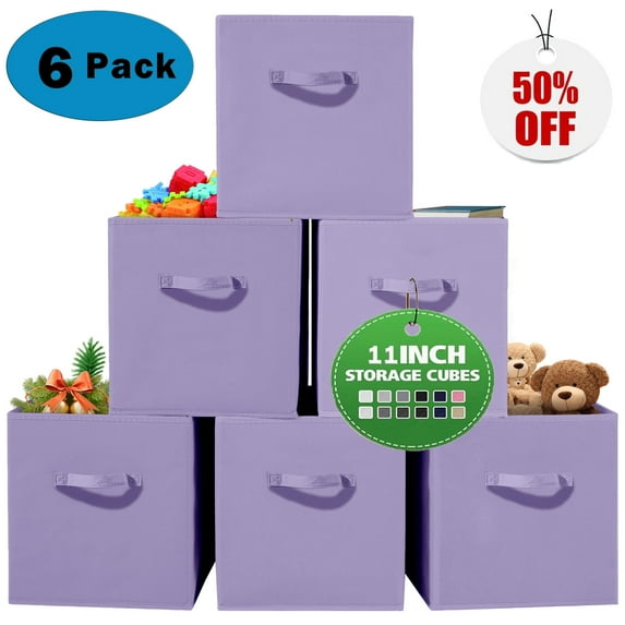 Werseon Collapsible Cube Storage Bins, 11" Foldable Fabric Storage Cubes with Handle for Shelves, Closet, 6 Pcs, Purple