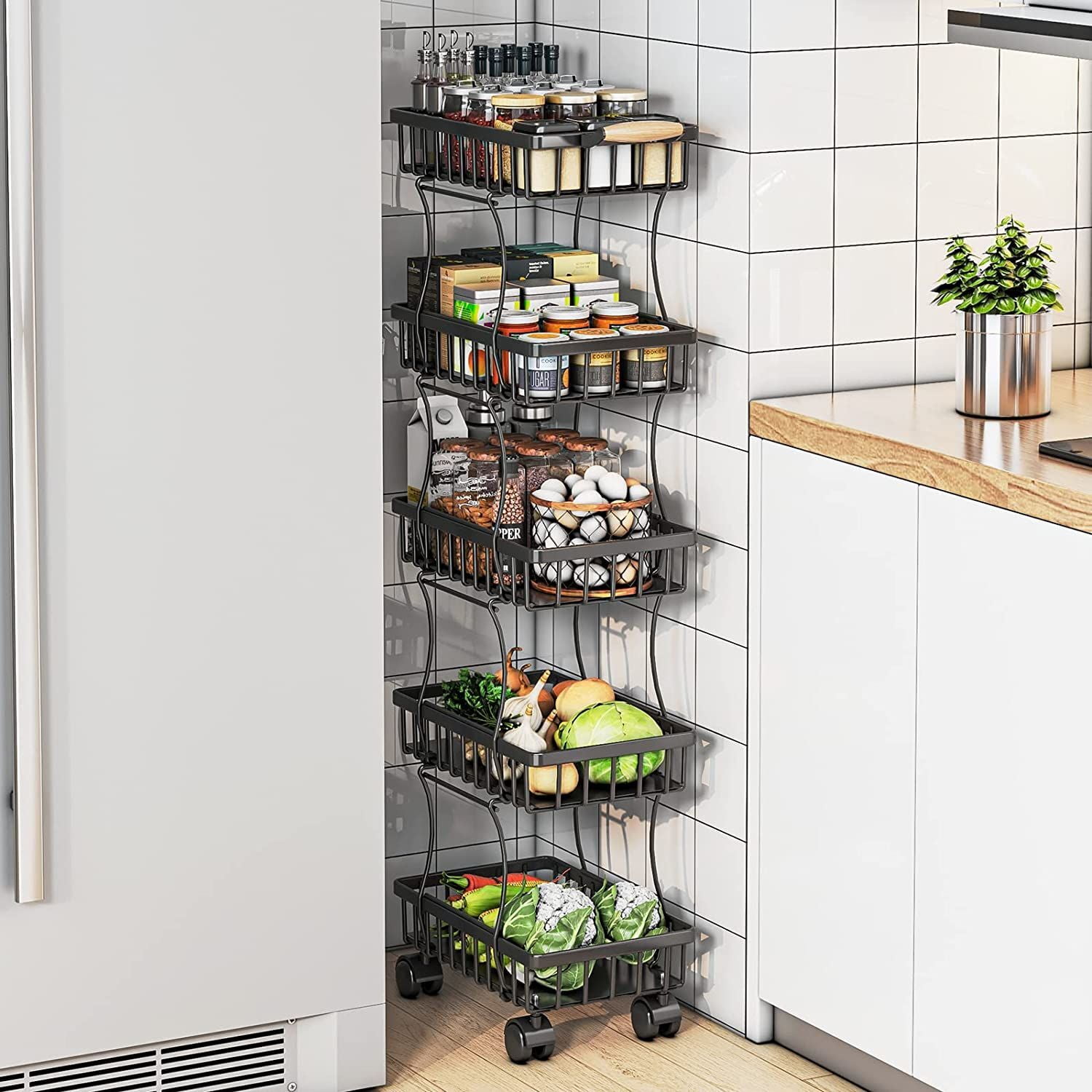 WERSEON Fruit Basket for Kitchen with Wood Handles, 5 Tier Stackable Fruit and Vegetable Storage Cart, Wire Storage Basket with Wheels, Vegetable Basket Bins Rack for Onions and Potatoes