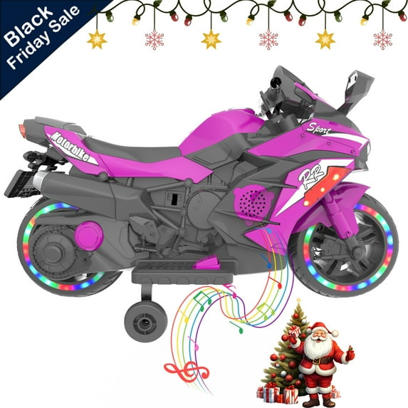 Werseon 12V Motorcycle for Kids, Battery Powered Ride-on Toy with Lights, Sounds, Training Wheels, Bluetooth, Ages 3+, Purple