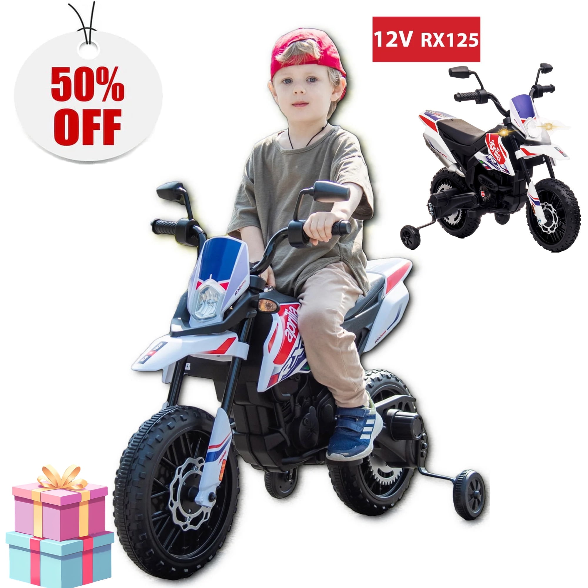 12V White Aprilia Kids Ride-On Motorcycle with Training Wheels