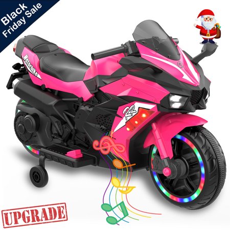 Werseon 12V Motorcycle for Kids, Battery Powered Ride-on Toy with Lights, Sounds, Training Wheels, Bluetooth, Ages 3+, Pink