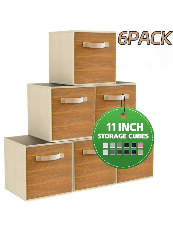 WERSEON Set of 6 Foldable Cube Storage Bins, 11 Inch Closet Organizers Bins and Storage Box-Wood Grain