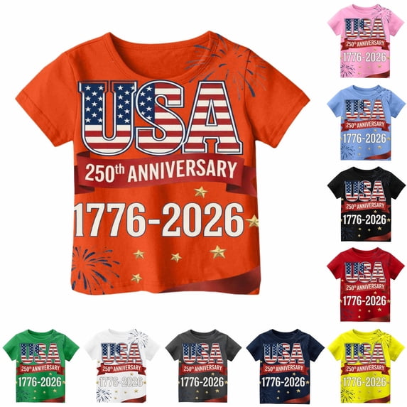 WERYOUNG Boy's 250th Anniversary Patriotic T Shirts Kids Short Sleeve Crewneck Stars And Stripes Print Tees Boys 4th Of July USA Festival T-Shirts Trendy Top 7-8 Years