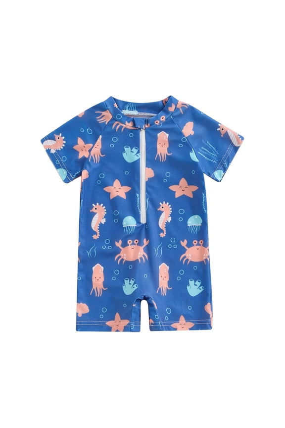 Boy's One-Piece Swimsuits Short Sleeve Rash Guard Swimwear Baby Toddler Cartoon Print Half Zip Beachwear For Outdoor Pools Versatile Bathing Suit 0-6 Months