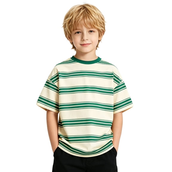 WERYOUNG Boy's Striped T Shirts Short Sleeve Casual T-Shirts Round Neck Drop Shoulder Summer Basic Tee Home Lounging Stylish Tops