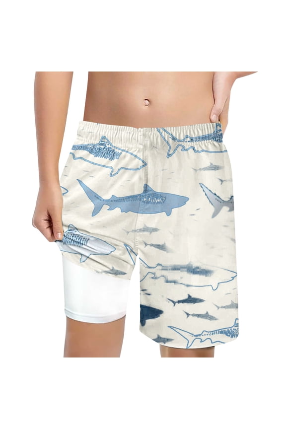 Boy's Swim Trunks With Compression Liner Cartoon Fish Print Swimming Shorts Lace Up High Waisted Loose Casual Swimwear Swimming Training Cozy Swim Wear