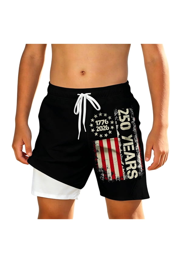 Boy's Swim Trunks With Compression Liner Patriotic Printed Swim Shorts Kids Youth Independence Day Beachwear Holiday Vacation Beach Stylish Swimwear Bottoms