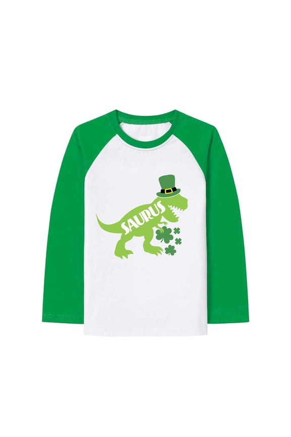 Boy's T-Shirts St Patrick's Day Long Sleeve Crewneck Cartoon Dinosaur Print Kids Casual T Shirt Daily Wear Comfort Fit Tee Shirts Outdoor Activities Soft Cozy Top
