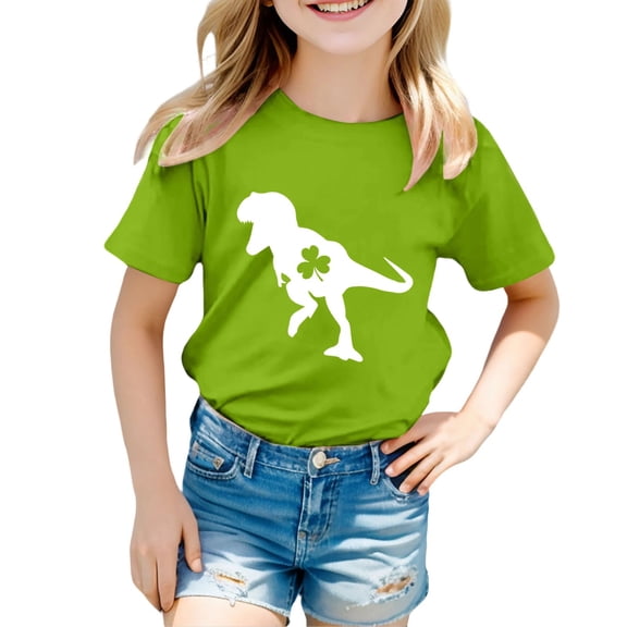 WERYOUNG Boy's T-Shirts St Patrick's Day Short Sleeve Crewneck Cartoon Dinosaur Print Casual Kids T Shirt Daily Wear Loose Fit Tee Shirts Club Party Comfortable Cozy Children Top