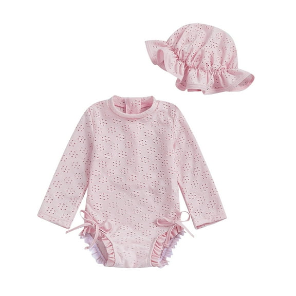 WERYOUNG Boys Girls Bodysuits Summer Cute Solid Color Hollow Out Round Neck Long Sleeve With Hat Beach Bodysuit Girls Sweet Bodysuit,Pink,12-18 Months